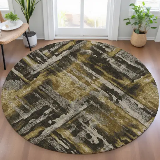 8' Coffee And Taupe Round Abstract Washable Indoor Outdoor Area Rug Photo 5
