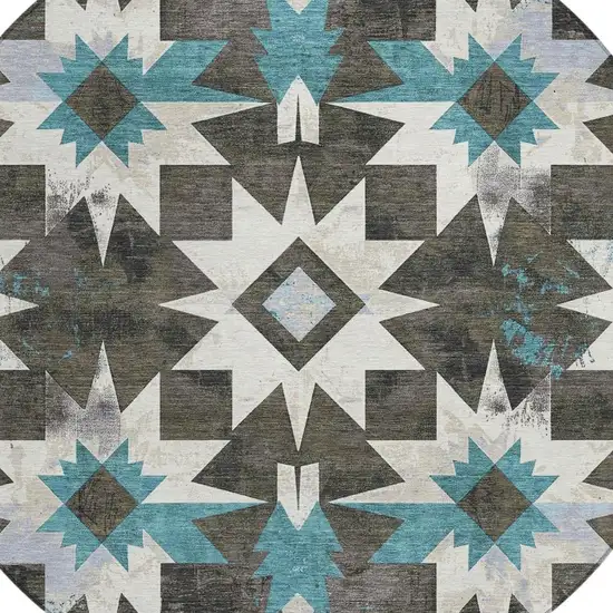 8' Coffee And Teal Blue Round Aztec Washable Indoor Outdoor Area Rug Photo 4