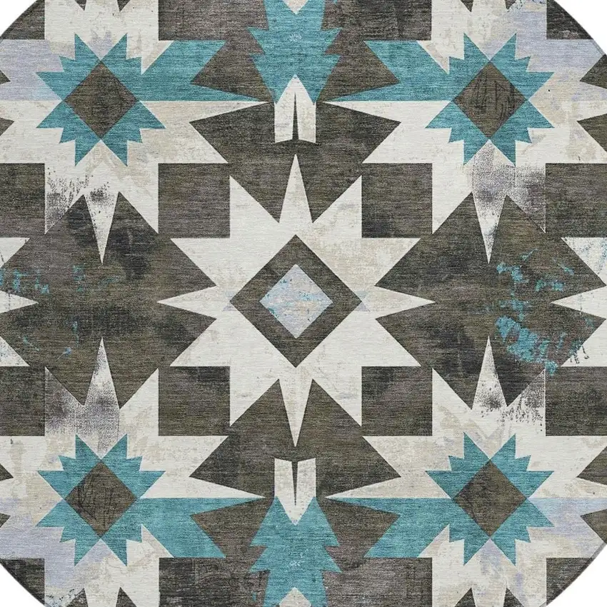 8' Coffee And Teal Blue Round Aztec Washable Indoor Outdoor Area Rug Photo 4