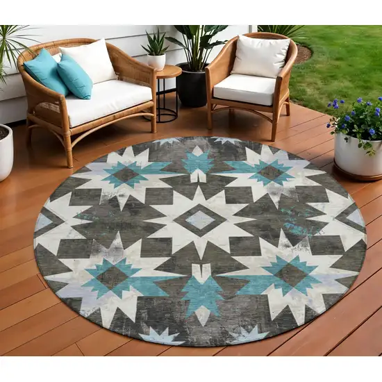 8' Coffee And Teal Blue Round Aztec Washable Indoor Outdoor Area Rug Photo 2