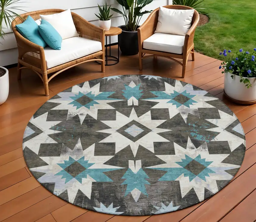 8' Coffee And Teal Blue Round Aztec Washable Indoor Outdoor Area Rug Photo 2