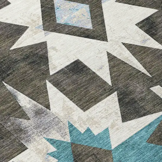 8' Coffee And Teal Blue Round Aztec Washable Indoor Outdoor Area Rug Photo 9