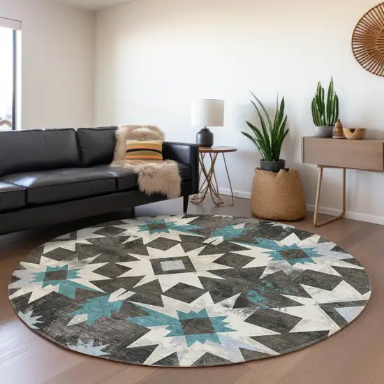 8' Coffee And Teal Blue Round Aztec Washable Indoor Outdoor Area Rug Photo 6