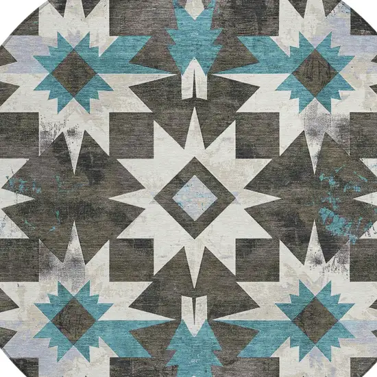 8' Coffee And Teal Blue Round Aztec Washable Indoor Outdoor Area Rug Photo 8