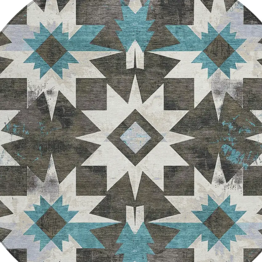 8' Coffee And Teal Blue Round Aztec Washable Indoor Outdoor Area Rug Photo 8