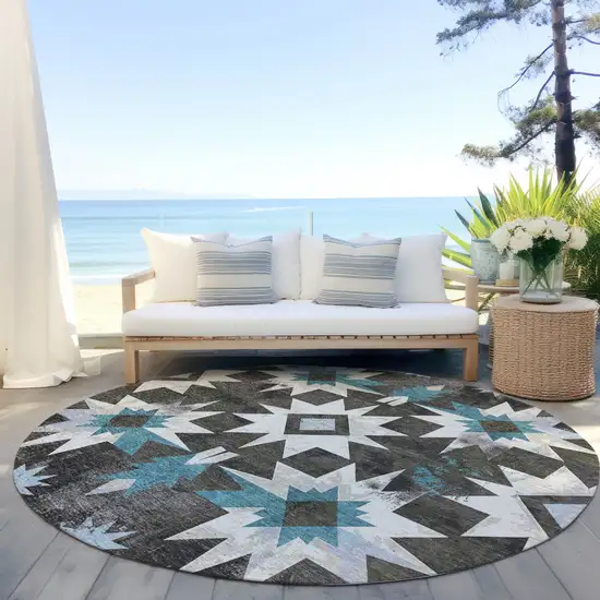 8' Coffee And Teal Blue Round Aztec Washable Indoor Outdoor Area Rug Photo 5