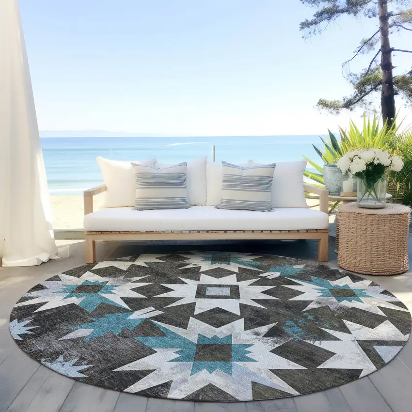 8' Coffee And Teal Blue Round Aztec Washable Indoor Outdoor Area Rug Photo 5