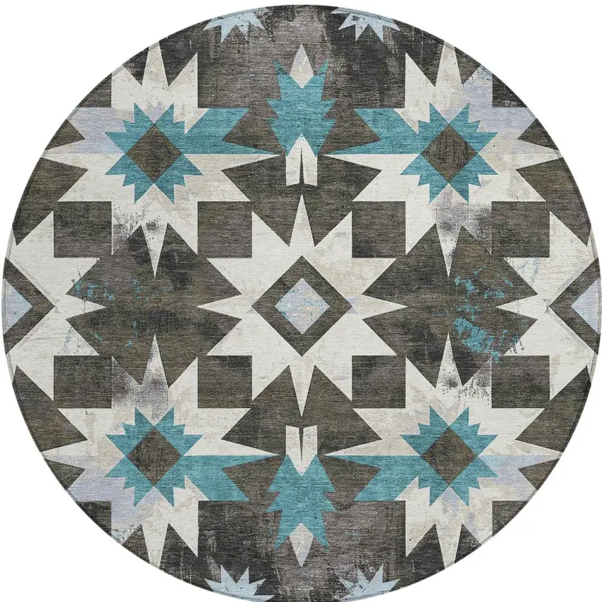 8' Coffee And Teal Blue Round Aztec Washable Indoor Outdoor Area Rug Photo 3