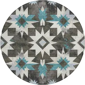 Photo of 8' Coffee And Teal Blue Round Aztec Washable Indoor Outdoor Area Rug