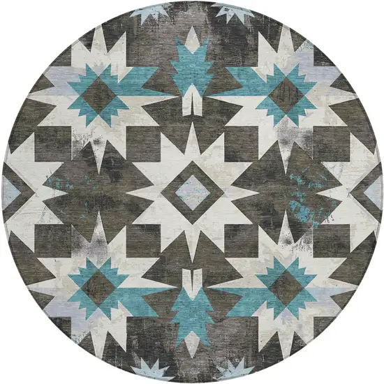 8' Coffee And Teal Blue Round Aztec Washable Indoor Outdoor Area Rug Photo 1