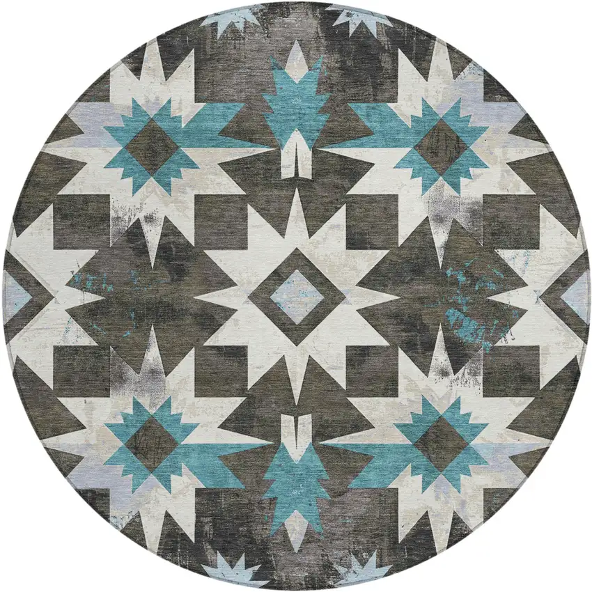 8' Coffee And Teal Blue Round Aztec Washable Indoor Outdoor Area Rug Photo 1