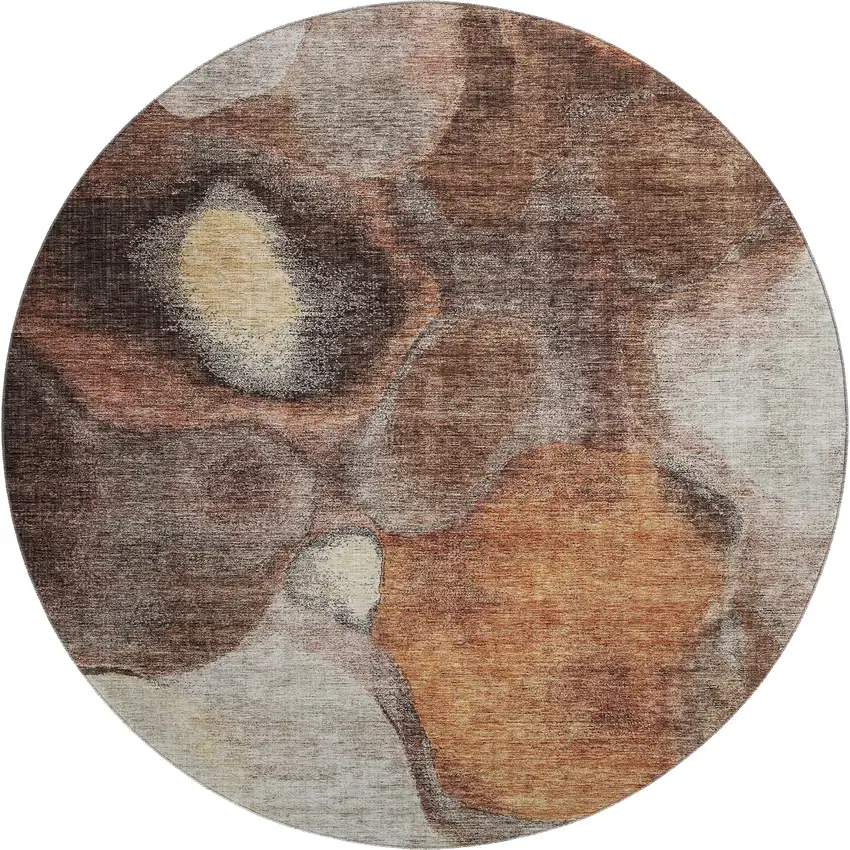 8' Coffee Beige And Copper Abstract Washable Round Rug With UV Protection Photo 1
