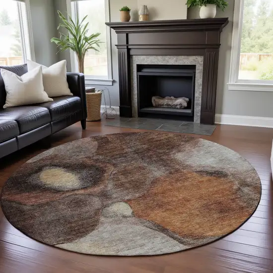 8' Coffee Beige And Copper Abstract Washable Round Rug With UV Protection Photo 2