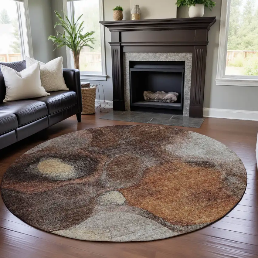 8' Coffee Beige And Copper Abstract Washable Round Rug With UV Protection Photo 2
