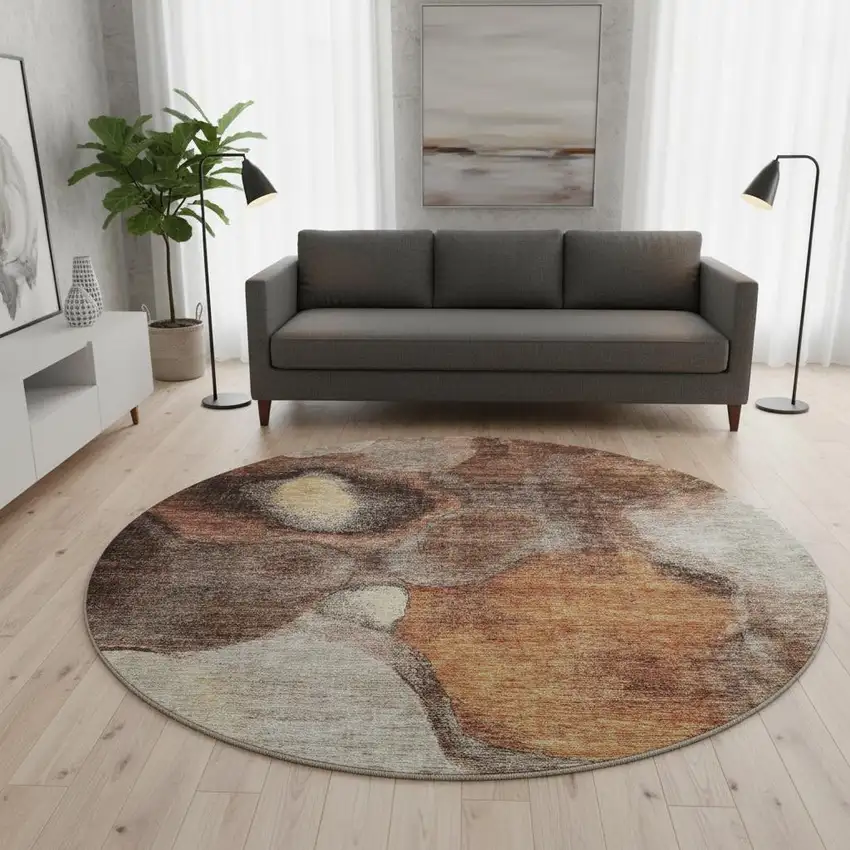 8' Coffee Beige And Copper Abstract Washable Round Rug With UV Protection Photo 2