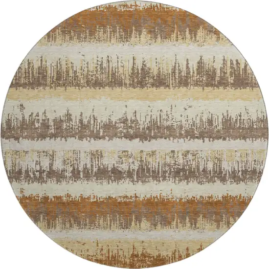 8' Coffee Beige And Copper Striped Washable Round Rug With UV Protection Photo 1