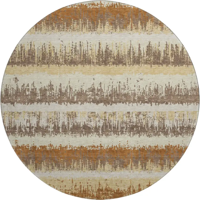 8' Coffee Beige And Copper Striped Washable Round Rug With UV Protection Photo 1