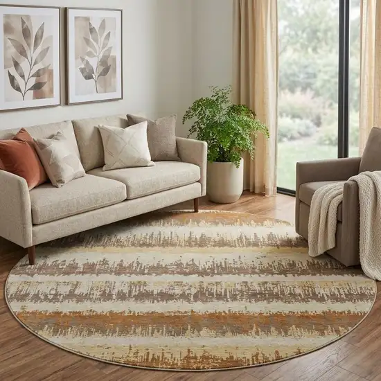 8' Coffee Beige And Copper Striped Washable Round Rug With UV Protection Photo 1