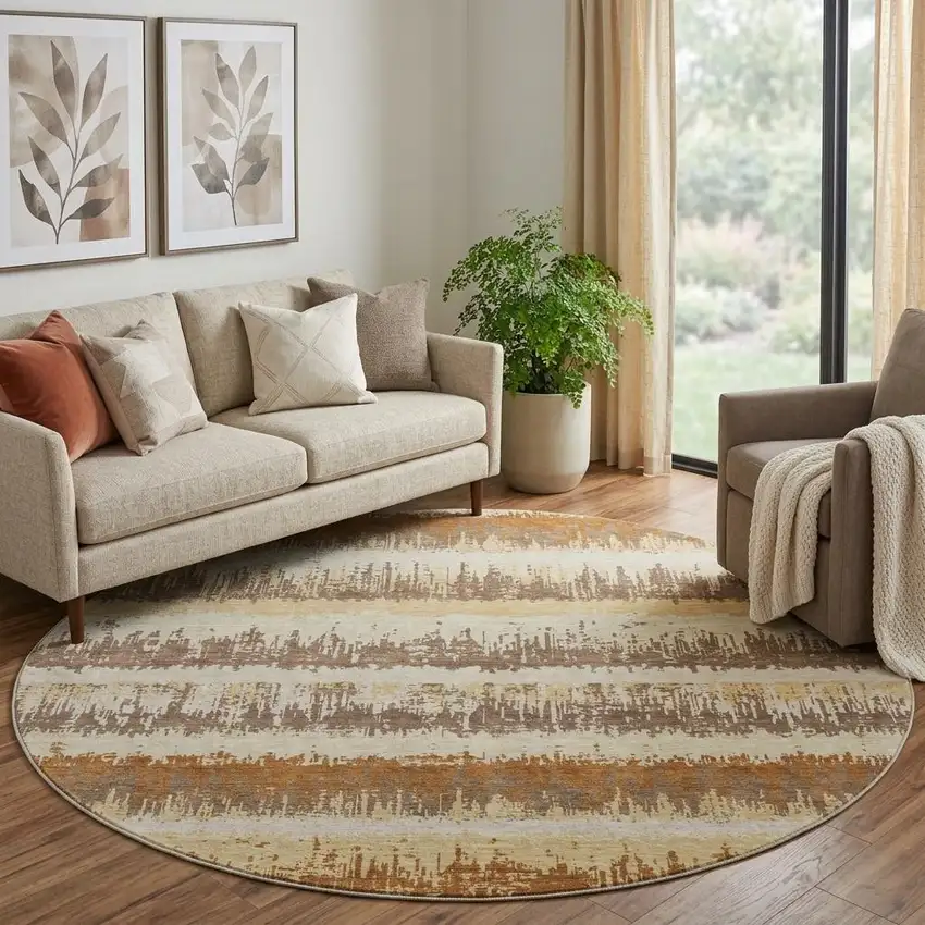 8' Coffee Beige And Copper Striped Washable Round Rug With UV Protection Photo 1
