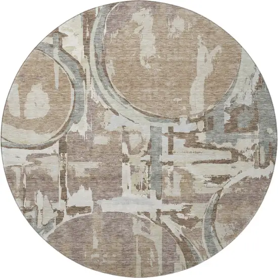 8' Coffee Beige And Gray Geometric Washable Round Rug With UV Protection Photo 4