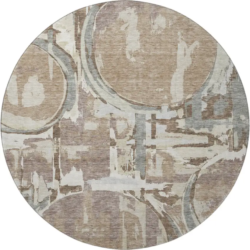 8' Coffee Beige And Gray Geometric Washable Round Rug With UV Protection Photo 4