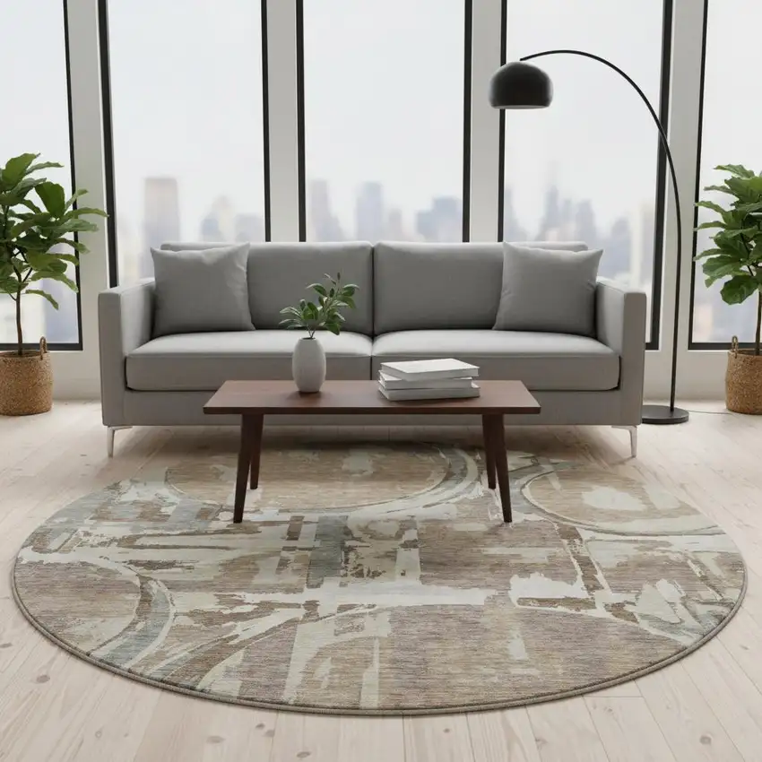 8' Coffee Beige And Gray Geometric Washable Round Rug With UV Protection Photo 2