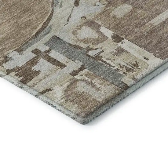 8' Coffee Beige And Gray Geometric Washable Round Rug With UV Protection Photo 7
