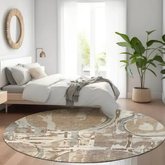 8' Coffee Beige And Gray Geometric Washable Round Rug With UV Protection Photo 5
