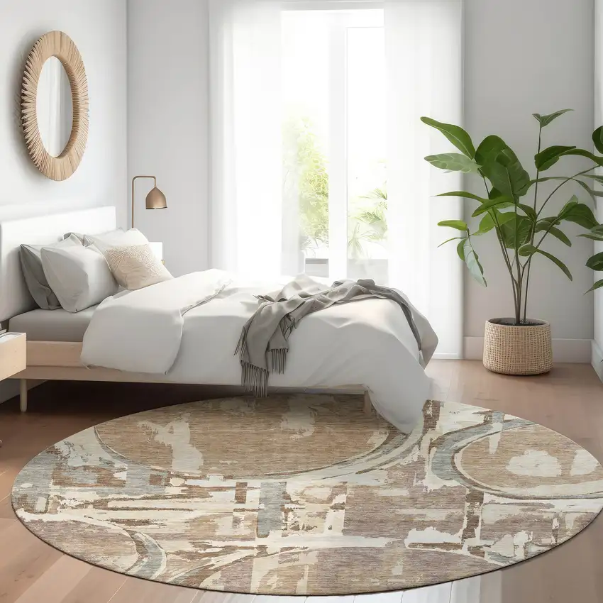 8' Coffee Beige And Gray Geometric Washable Round Rug With UV Protection Photo 5