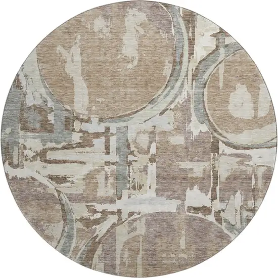 8' Coffee Beige And Gray Geometric Washable Round Rug With UV Protection Photo 1