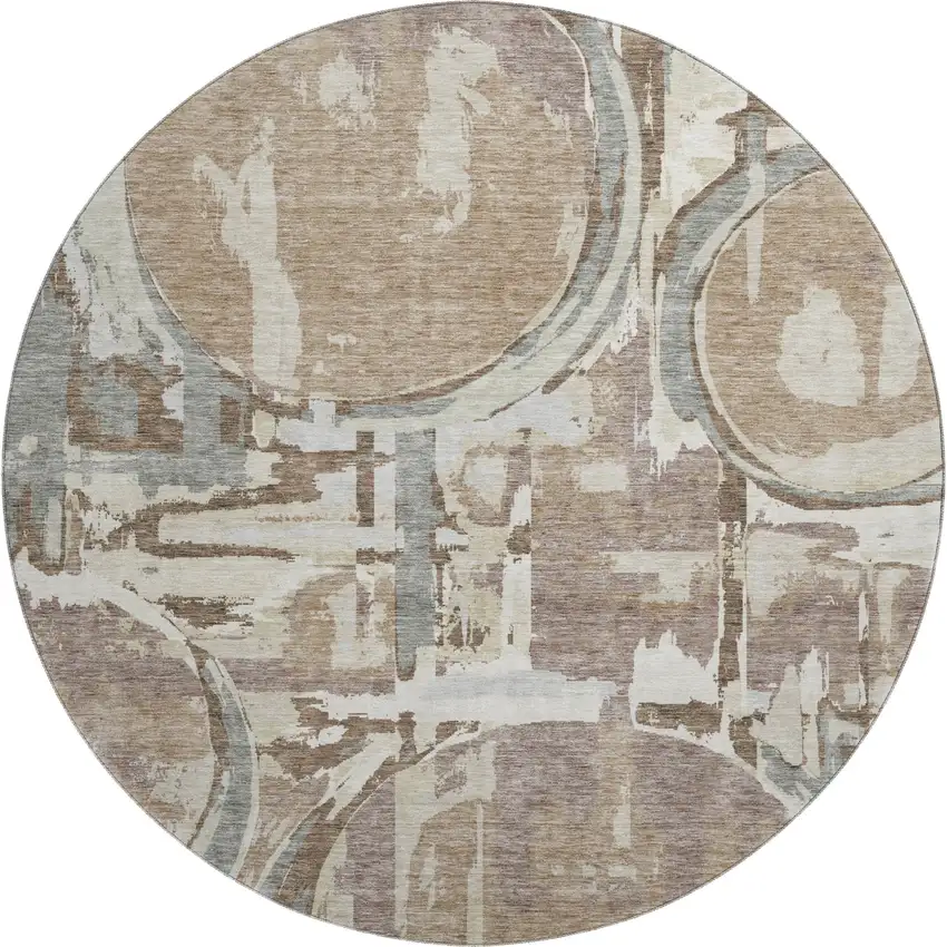 8' Coffee Beige And Gray Geometric Washable Round Rug With UV Protection Photo 1