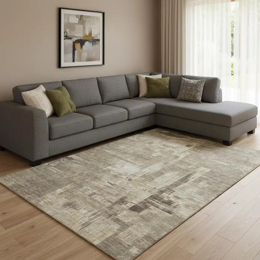 8' Coffee Beige And Ivory Abstract Washable Area Rug With UV Protection Photo 2