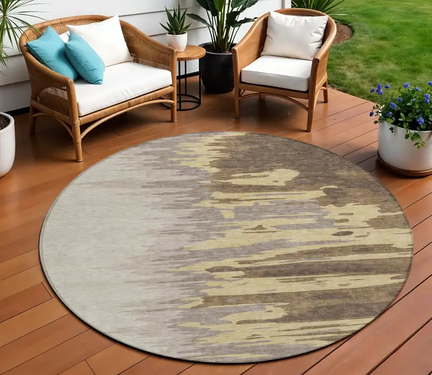 8' Coffee Beige And Tan Round Abstract Washable Indoor Outdoor Area Rug Photo 1