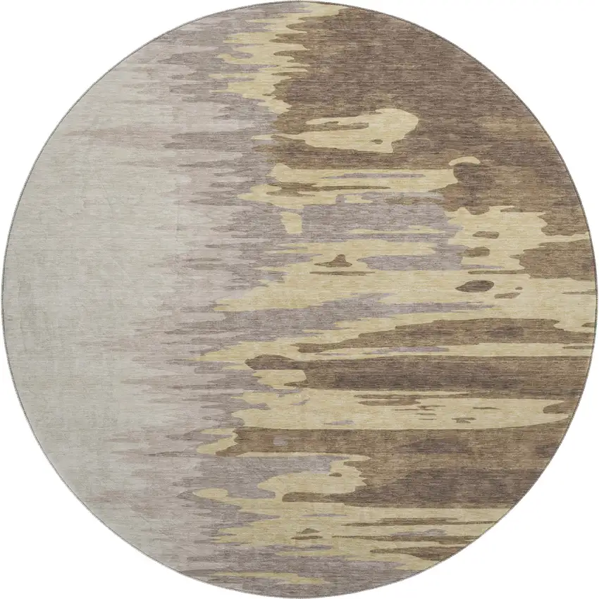 8' Coffee Beige And Taupe Abstract Washable Round Rug With UV Protection Photo 1
