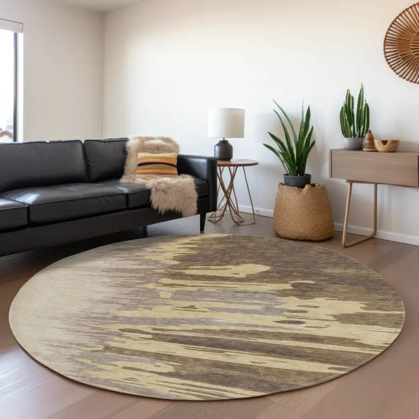 8' Coffee Beige And Taupe Abstract Washable Round Rug With UV Protection Photo 4