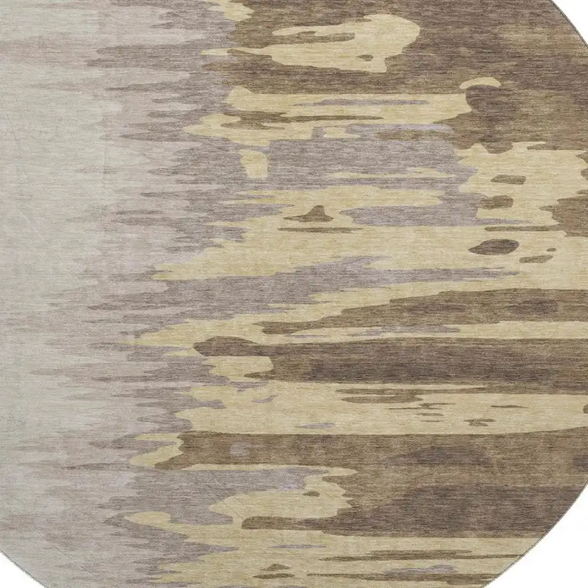 8' Coffee Beige And Taupe Abstract Washable Round Rug With UV Protection Photo 2