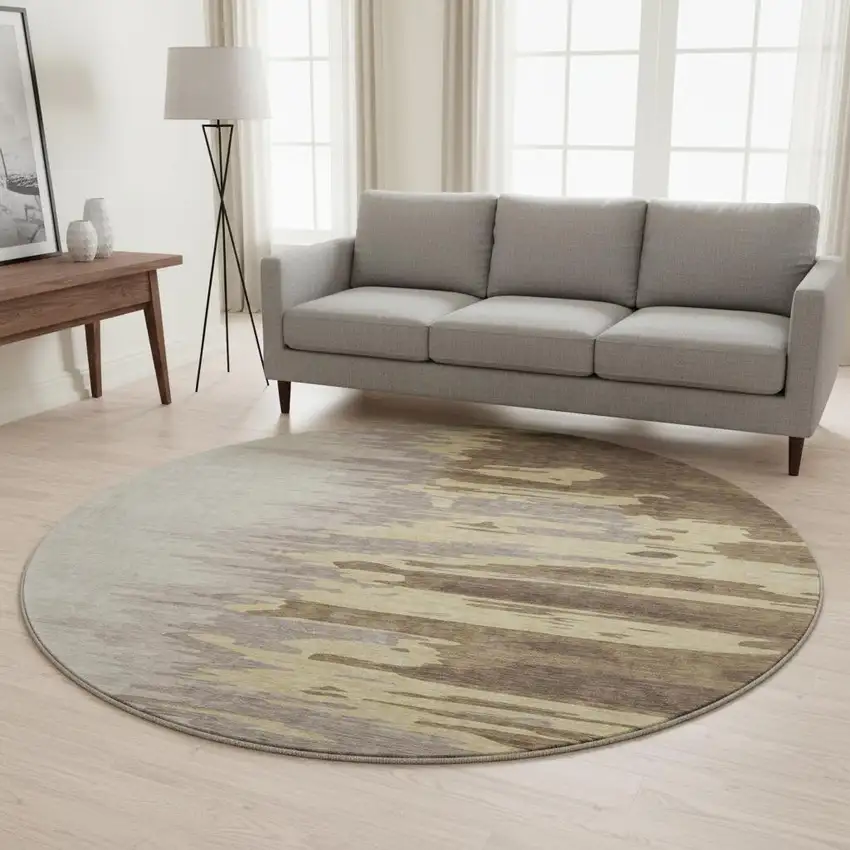 8' Coffee Beige And Taupe Abstract Washable Round Rug With UV Protection Photo 2