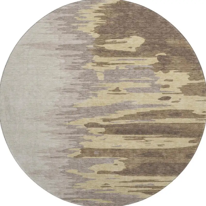 8' Coffee Beige And Taupe Abstract Washable Round Rug With UV Protection Photo 3