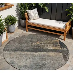 Photo of 8' Coffee Black And Beige Round Abstract Washable Indoor Outdoor Area Rug
