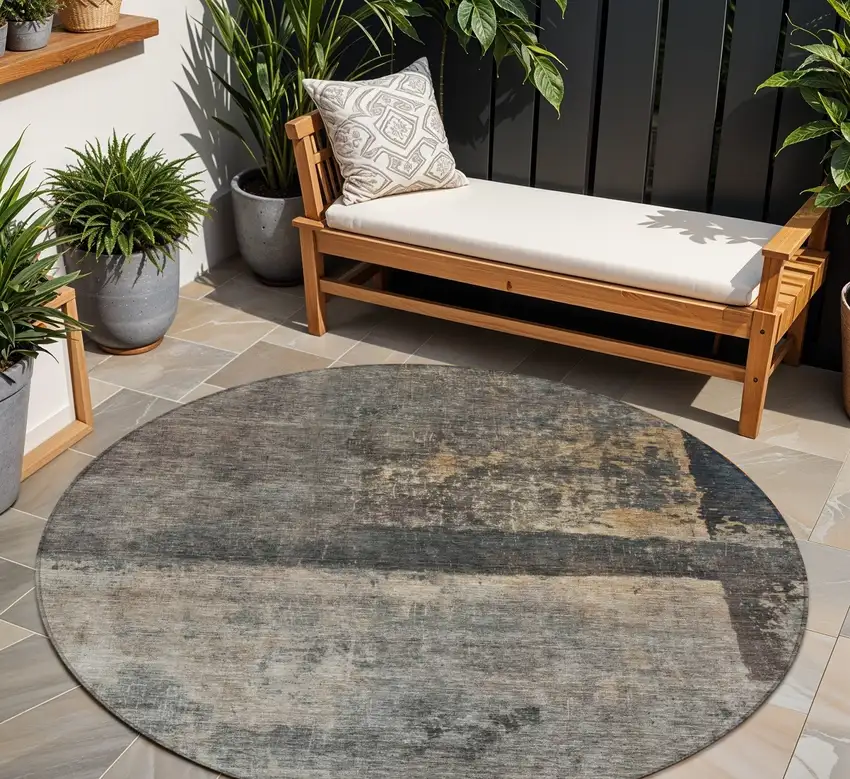 8' Coffee Black And Beige Round Abstract Washable Indoor Outdoor Area Rug Photo 1