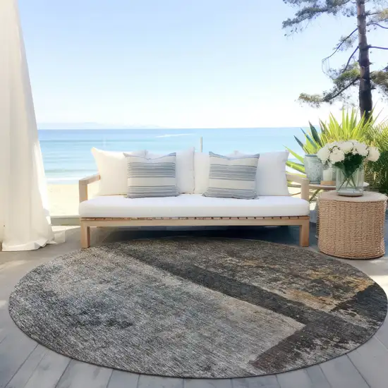 8' Coffee Black And Beige Round Abstract Washable Indoor Outdoor Area Rug Photo 6