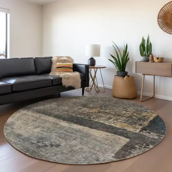 8' Coffee Black And Beige Round Abstract Washable Indoor Outdoor Area Rug Photo 7