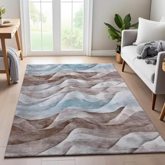8' Coffee Blue And Ivory Abstract Washable Area Rug With UV Protection Photo 5