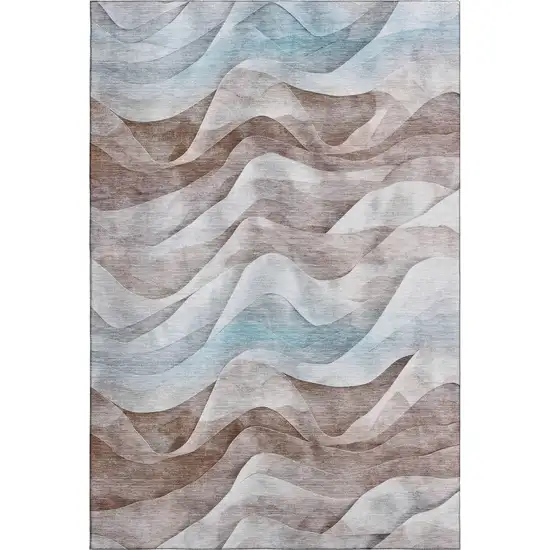 8' Coffee Blue And Ivory Abstract Washable Area Rug With UV Protection Photo 1