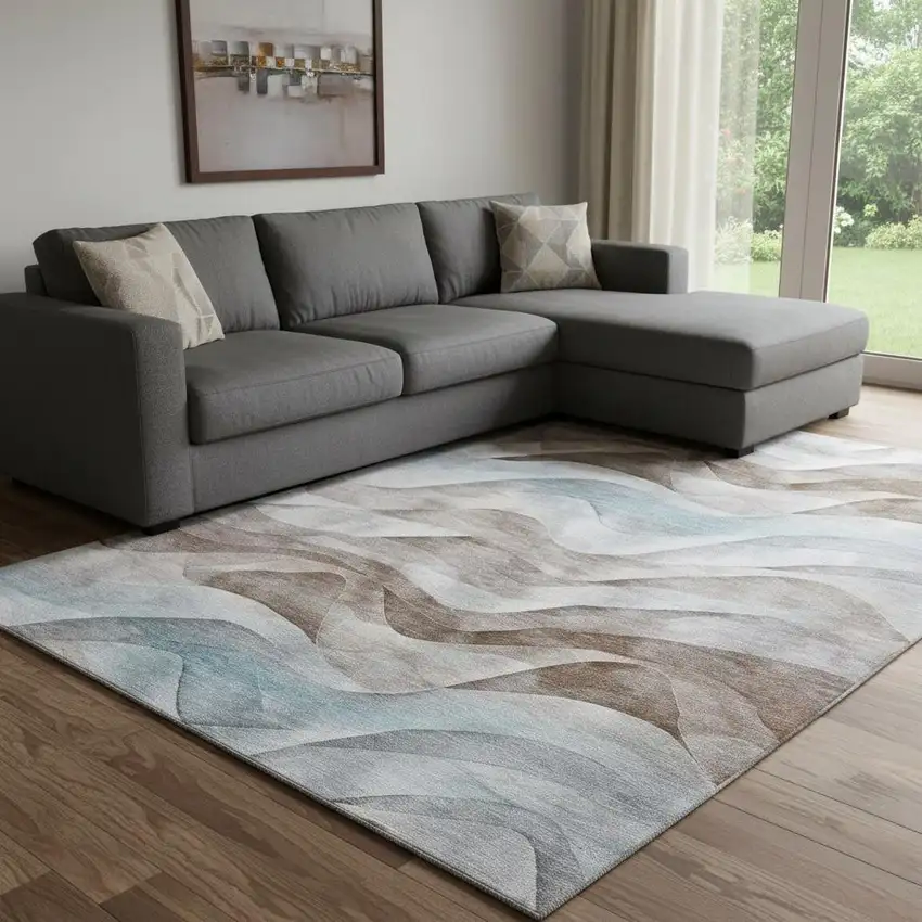 8' Coffee Blue And Ivory Abstract Washable Area Rug With UV Protection Photo 2