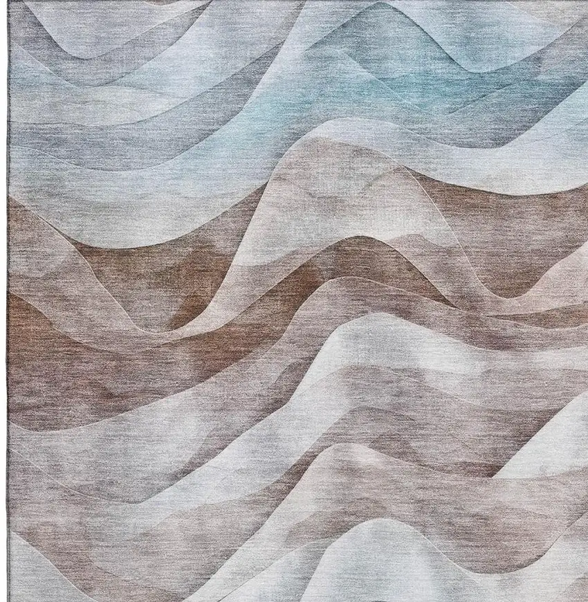 8' Coffee Blue And Ivory Abstract Washable Area Rug With UV Protection Photo 2