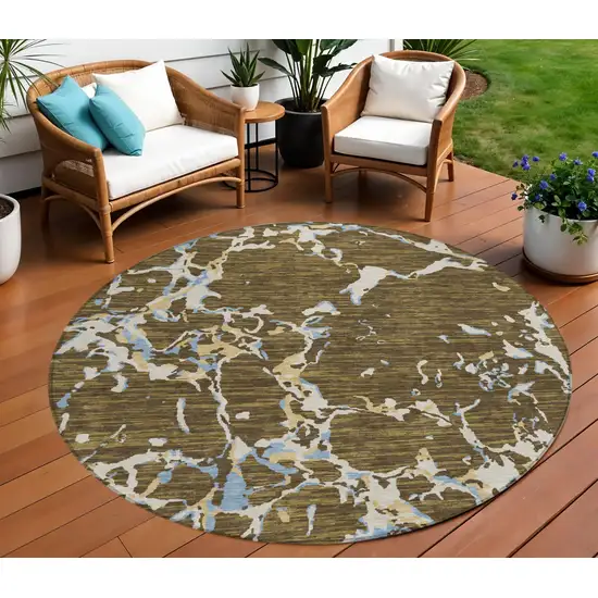 8' Coffee Blue And Ivory Round Striped Washable Indoor Outdoor Area Rug Photo 1