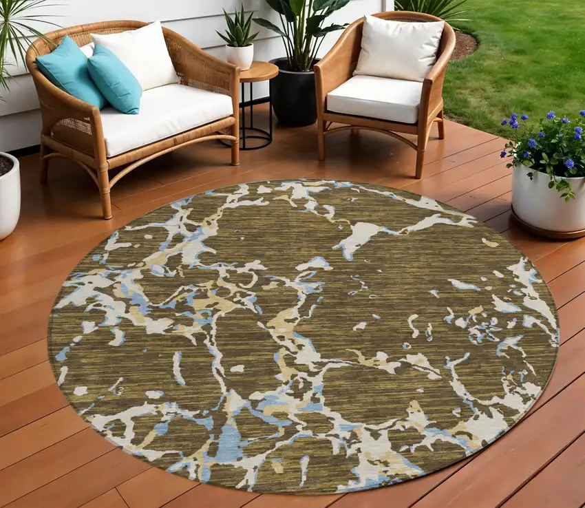 8' Coffee Blue And Ivory Round Striped Washable Indoor Outdoor Area Rug Photo 1