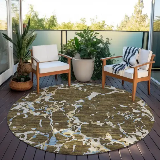 8' Coffee Blue And Ivory Round Striped Washable Indoor Outdoor Area Rug Photo 8