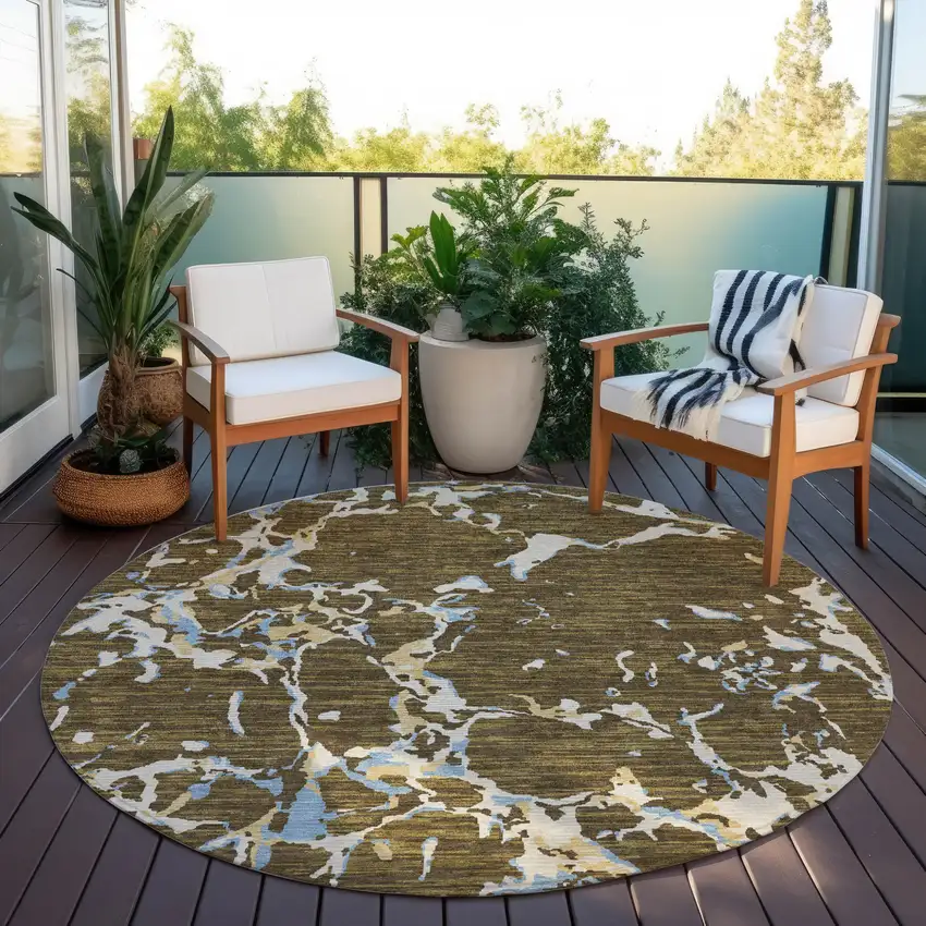8' Coffee Blue And Ivory Round Striped Washable Indoor Outdoor Area Rug Photo 8